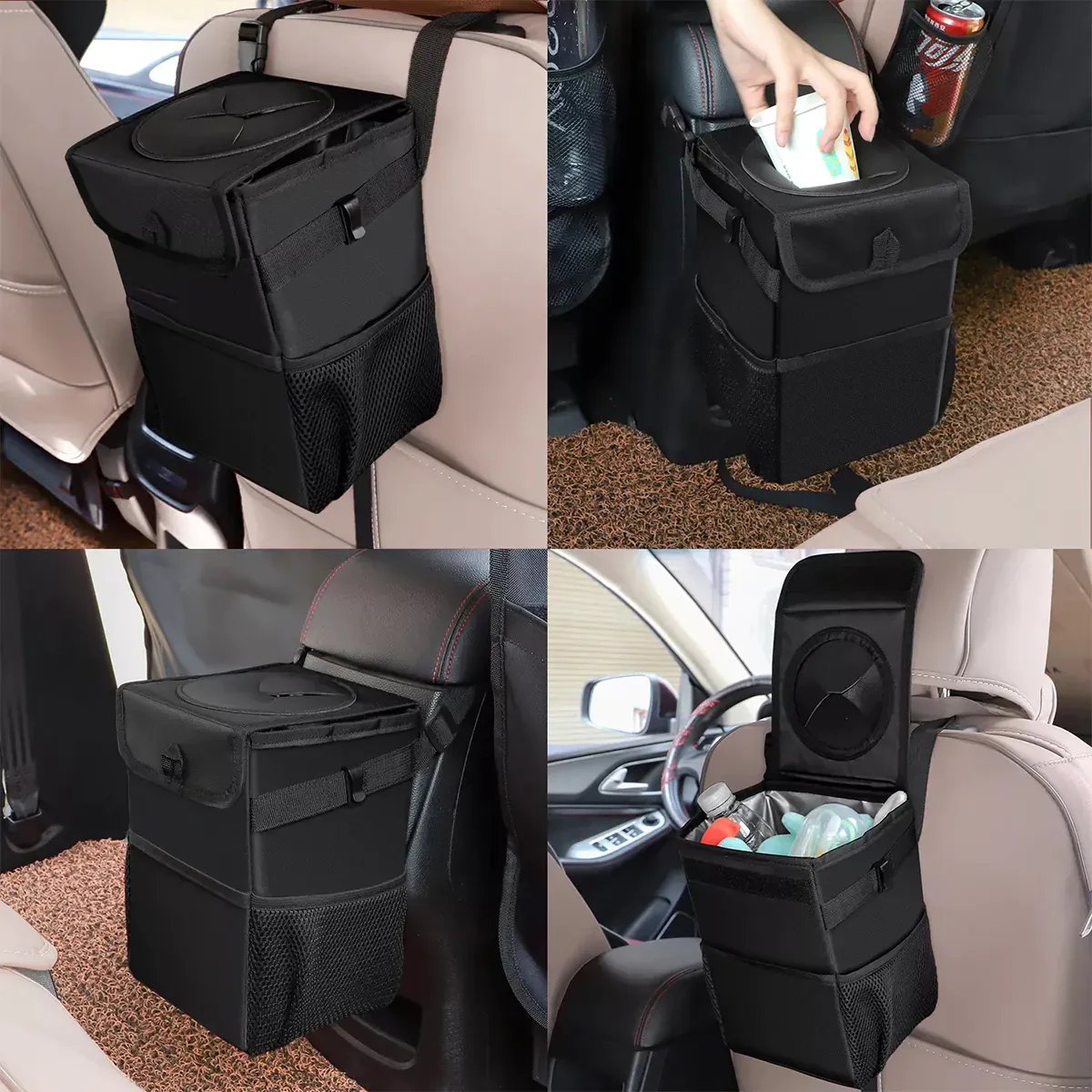 Waterproof Car Trash Can with Lid and Storage Pockets, Custom-Fit For Car, 100% Leak-Proof Car Organizer, Waterproof Car Garbage Can, Multipurpose Trash Bin for Car WAHY234