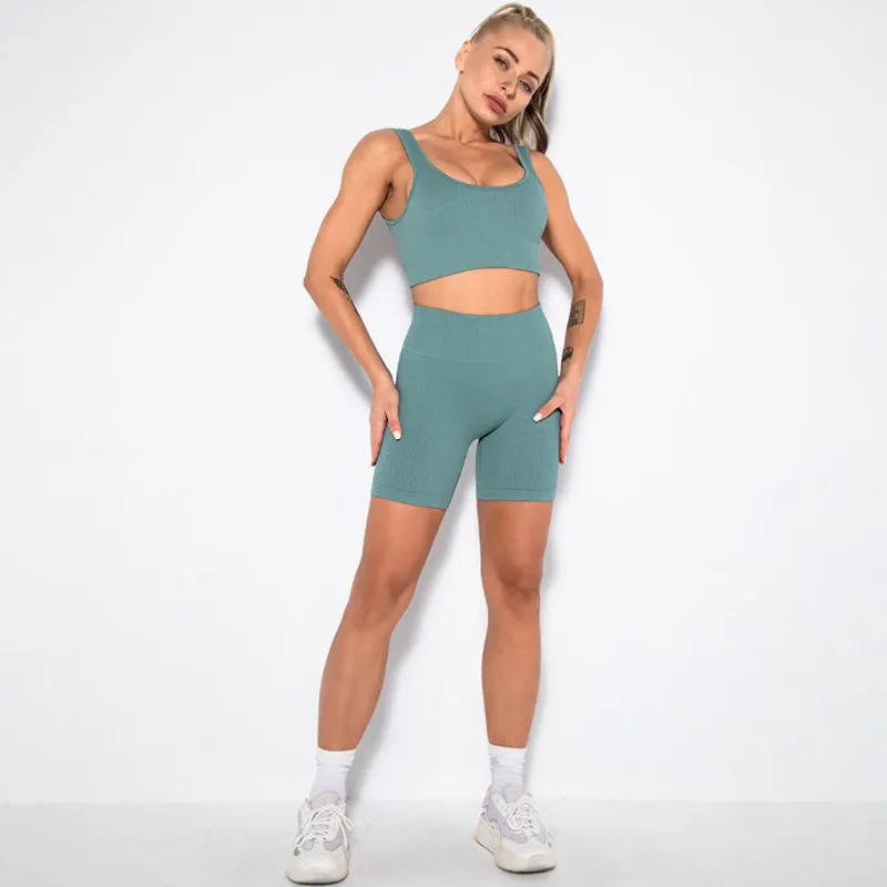 Women's 2 Piece Workout Sets Ribbed Crop Tank Sports Bra And Leggings Set High Waist Shorts Yoga Outfits