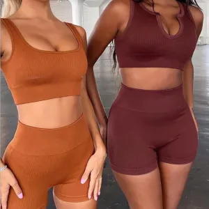 Women's 2 Piece Workout Sets Ribbed Crop Tank Sports Bra And Leggings Set High Waist Shorts Yoga Outfits