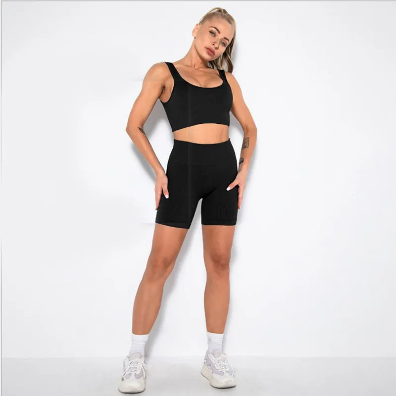 Women's 2 Piece Workout Sets Ribbed Crop Tank Sports Bra And Leggings Set High Waist Shorts Yoga Outfits