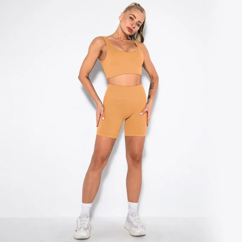 Women's 2 Piece Workout Sets Ribbed Crop Tank Sports Bra And Leggings Set High Waist Shorts Yoga Outfits