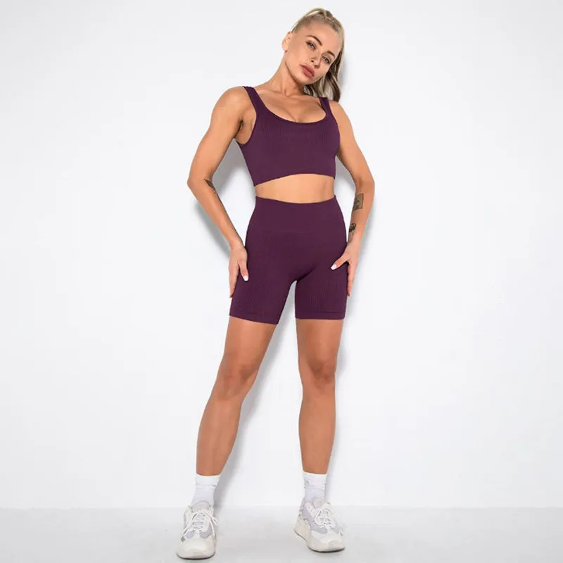 Women's 2 Piece Workout Sets Ribbed Crop Tank Sports Bra And Leggings Set High Waist Shorts Yoga Outfits
