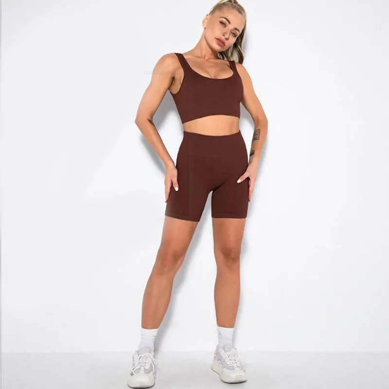Women's 2 Piece Workout Sets Ribbed Crop Tank Sports Bra And Leggings Set High Waist Shorts Yoga Outfits