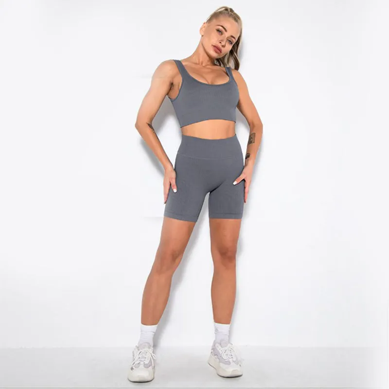 Women's 2 Piece Workout Sets Ribbed Crop Tank Sports Bra And Leggings Set High Waist Shorts Yoga Outfits