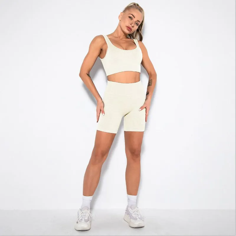 Women's 2 Piece Workout Sets Ribbed Crop Tank Sports Bra And Leggings Set High Waist Shorts Yoga Outfits