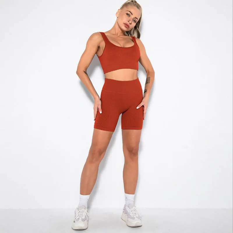 Women's 2 Piece Workout Sets Ribbed Crop Tank Sports Bra And Leggings Set High Waist Shorts Yoga Outfits