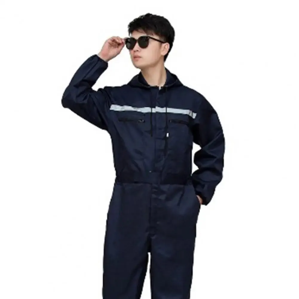 Work Overalls Hooded Drawstring Reflective Zipper Pockets Loose Safety Worker Coveralls Mechcanic Jumpsuit Auto Working Uniform