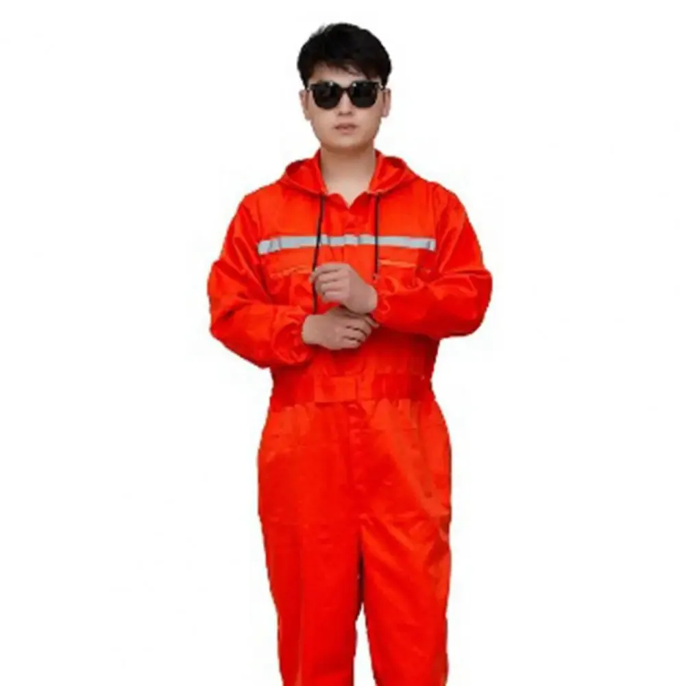 Work Overalls Hooded Drawstring Reflective Zipper Pockets Loose Safety Worker Coveralls Mechcanic Jumpsuit Auto Working Uniform